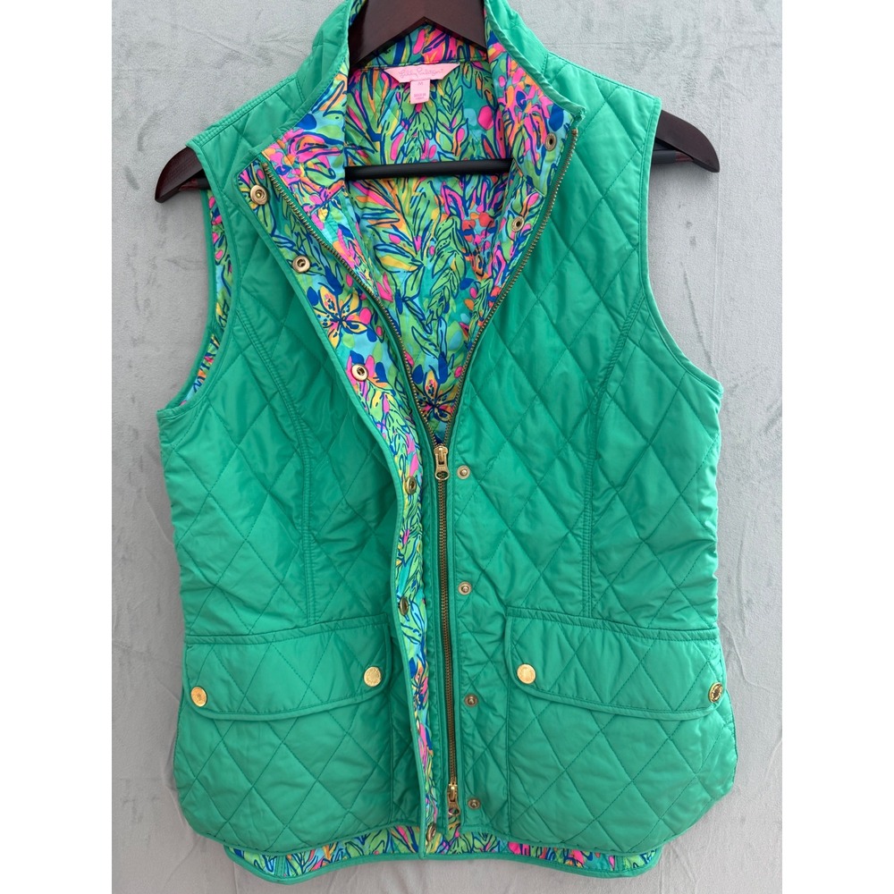 Lilly Pulitzer Getaway Quilted Vest Womens M Green Floral Preppy